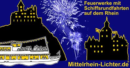 Mittelrhein-Lichter  Weinfeste Rheingau Rhein  Feuerwerke August Busreisen Schiffsrundfahrt Loreley Oberwesel Veranstaltung Betriebsausflug Rdesheim Boppard Schiffskarten Feuerwerk Termine Rheinromantik Prospekte Infos